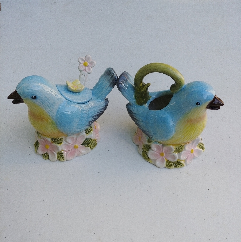 Blue Bird Flowers Ceramic Sugar and Creamer Set